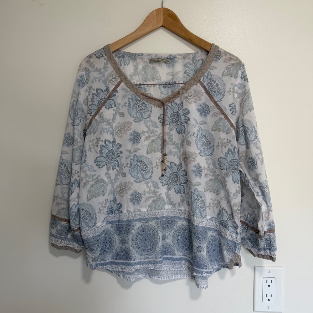 Nile Floral Paisley Tassel Top Womens Medium Blue Organic Cotton Boho Peasant
